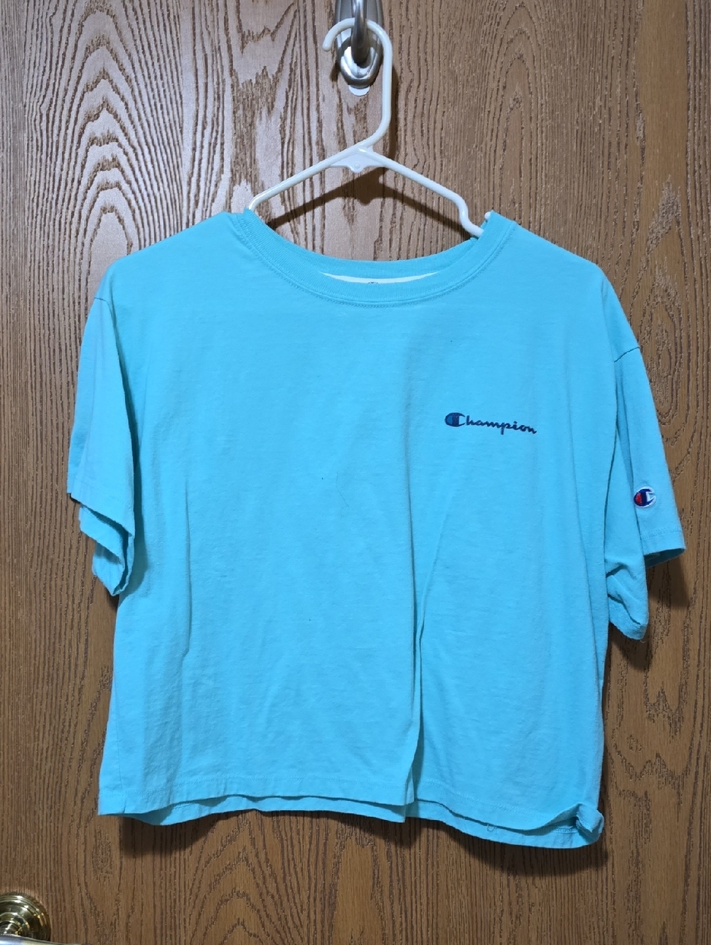 Champion Aqua Cropped Tee with Script Logo